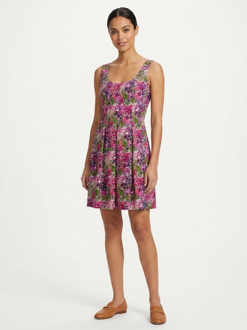 Nine West Dress Womens 12 Floral A Line Fit Flare Knee Length Pink Purple Green